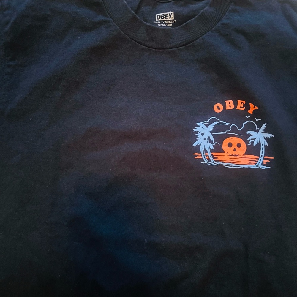 Obey Black Short Sleeve Tee with Tropical Graphic